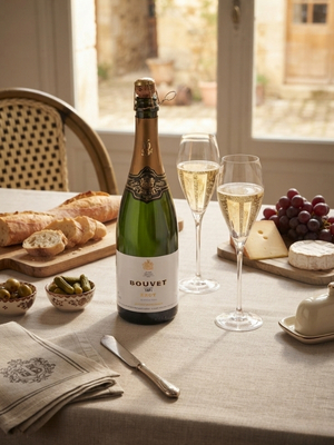 Crémant in Glas und Flasche auf Tisch
